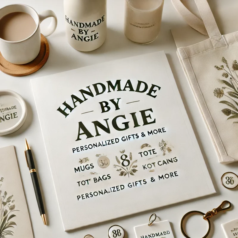 DALL·E 2024-08-15 09.46.54 - A minimalistic advertisement image for a small business called 'Handmade by Angie', focused on personalizing items. The background is predominantly wh